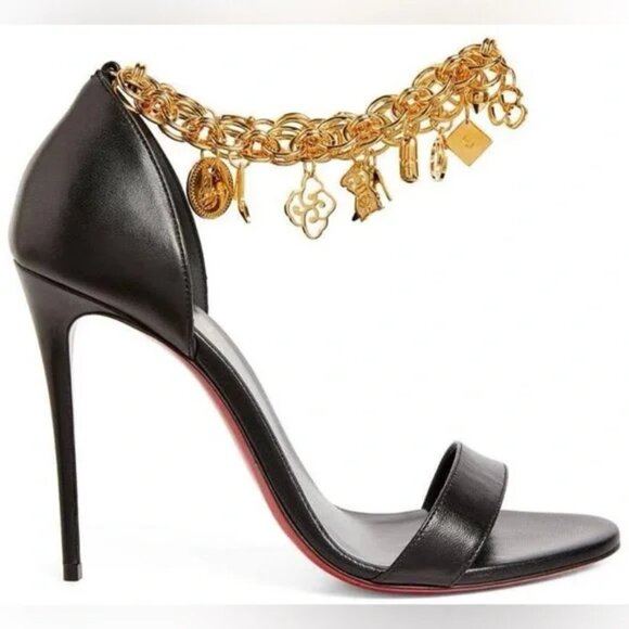 Christian Louboutin GOURMI RED SOLE CHAIN CHARM STILETTO SANDALS IN BLACK - Picture 1 of 7